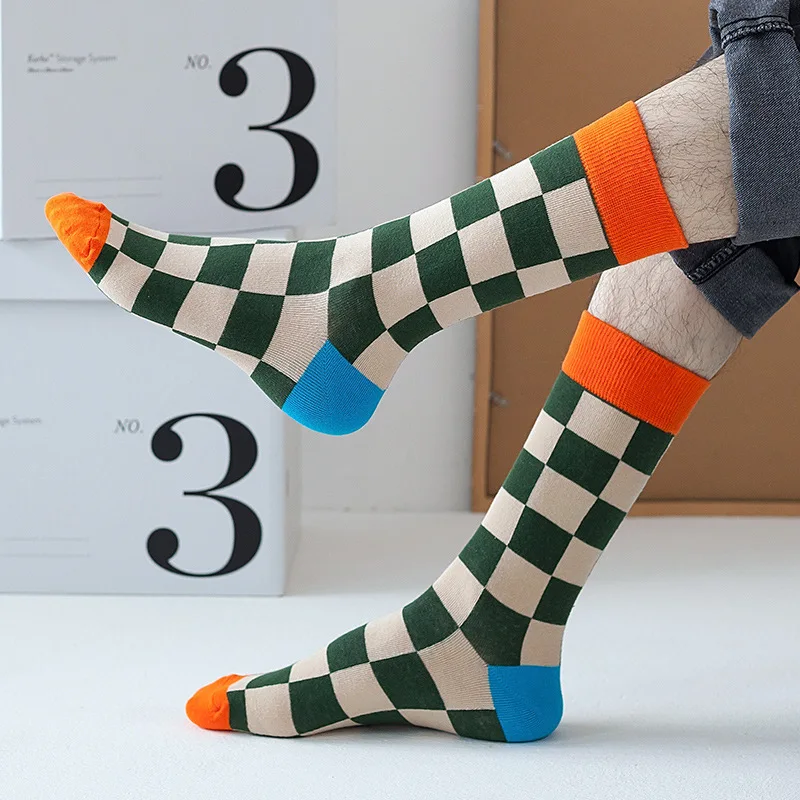 2024 Spring and Autumn Cotton Socks Children's Ins Grid Zhuji Adult Trendy Socks Men's Middle Tube Socks