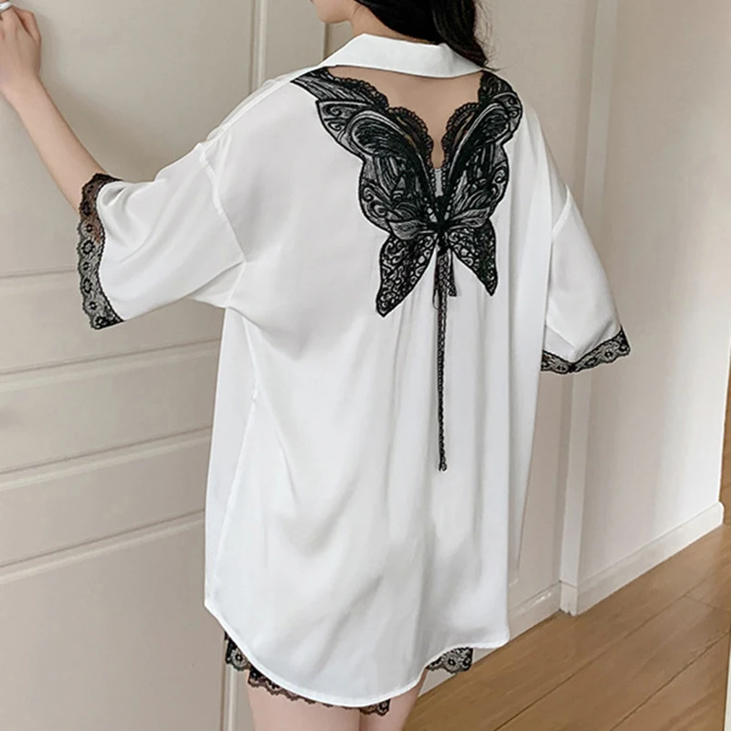 New Women's Pajamas Set Loungewear Sexy Back Butterfly Lace Sleepwear Lingerie Casual 2PCS Short Sleeve Shorts Suit Homewear