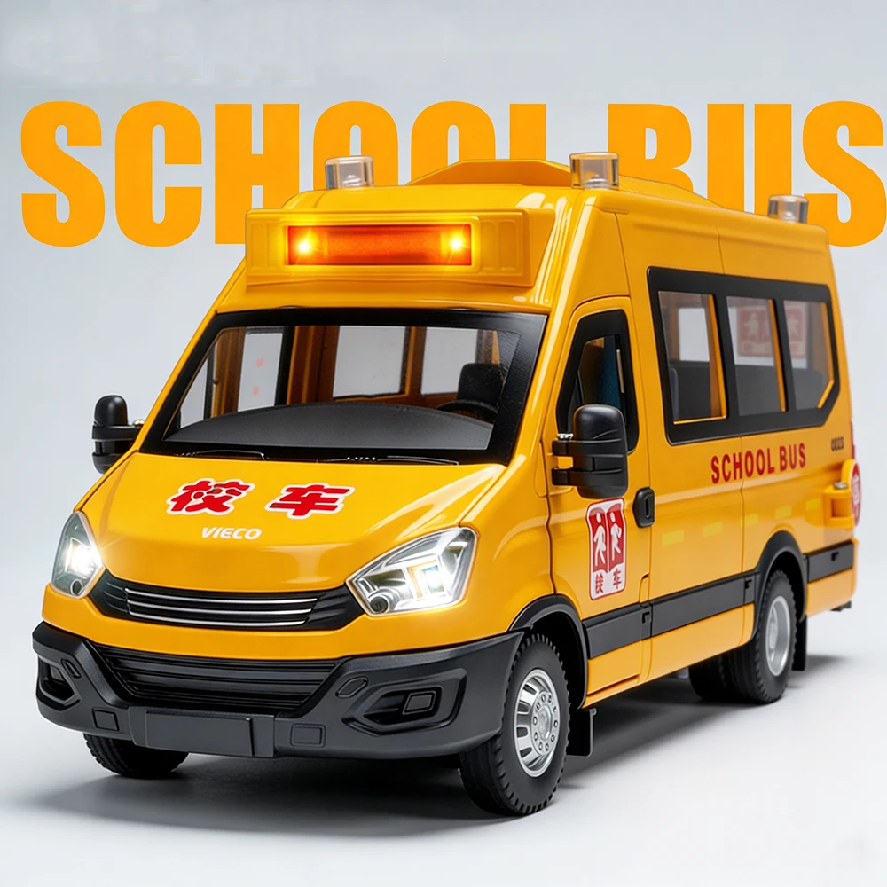 

1:24 School Bus Ambulance Police Car Model Toys Alloy Diecast Pull Back Doors Opened Sound Light for Kids Edutainment Models