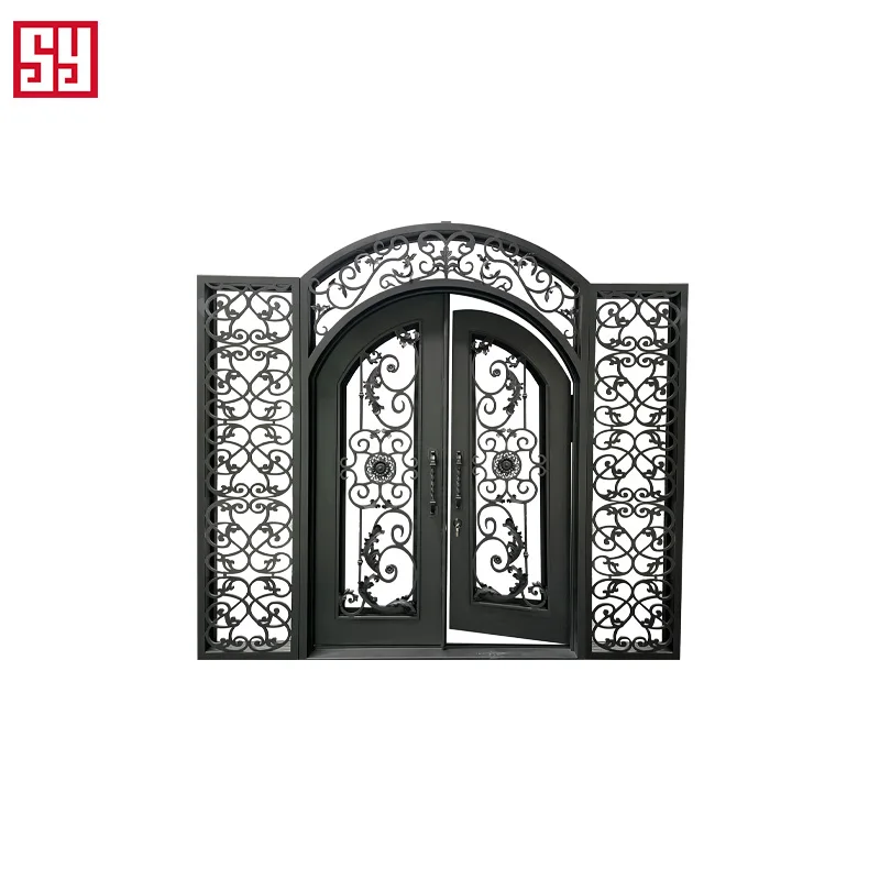 Flower Process Swing Style Customizable High-end Forged Iron Entrance Door Iron Black Glass Steel Living Room Contemporary SY