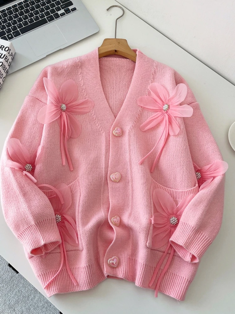 French Sweet Elegant Knit Cardigan Women V-Neck Pearl Embellished 3D Floral Bow Detail Soft Loose Long-Sleeve Sweater Jacket