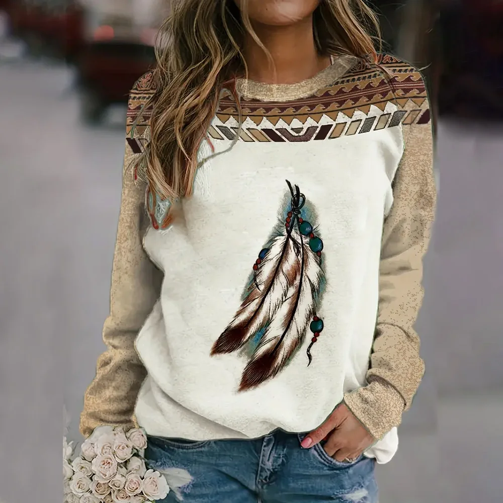 2024 Vintage Women's Long Sleeve Tops Fashion 3d Feather Printed T-shirts Women Clothing Winter Oversized Crew Neck Pullovers