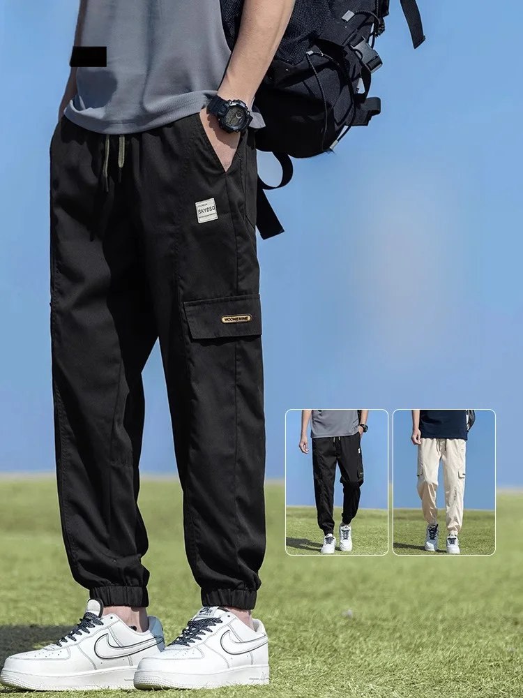 

Рабочая одежда из ледяного шелка, повседневные брюки, мужские летние тонкие новые свободные спортивные брюки с девятью очками, молодежные брюки-карго свободного покроя для активного отдыха