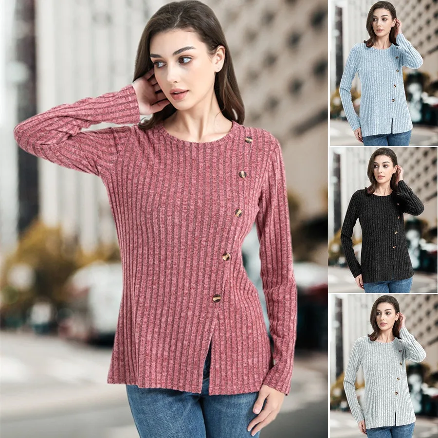 

European American New Fashion Women's Solid Color O-neck Long Sleeve Casual Trendy Slim Knitted Sweater Pullovers Female Clothes