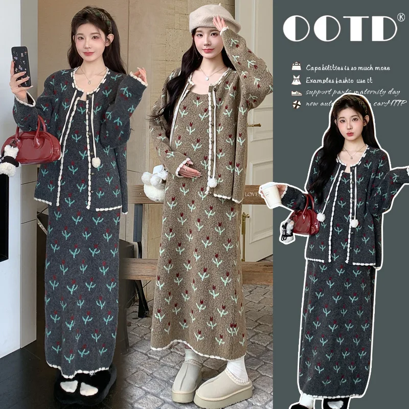 Pregnant  Autumn Sweet Age Reducing Korean Style Lazy Loose Slim Fit Cardigan And Camisole Sweater Dress Two Piece Set