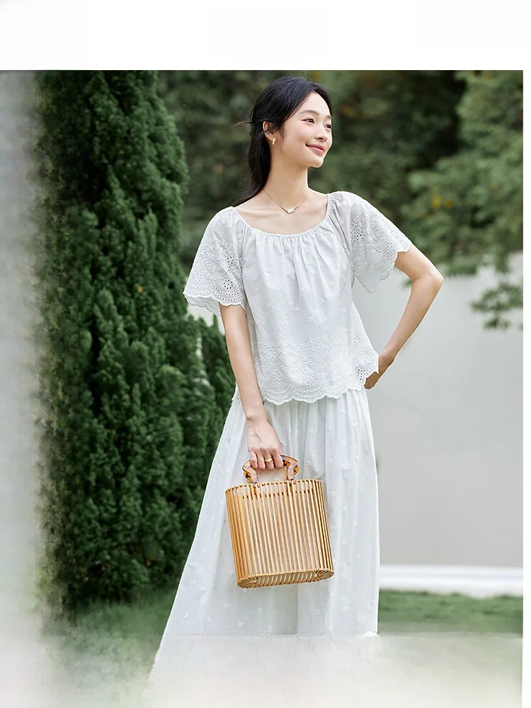 

Summer Floral Embroidery Set Women's Square Collar Top with Half Skirt Two Piece Set Cotton Short Sleeve Overhead Fashion