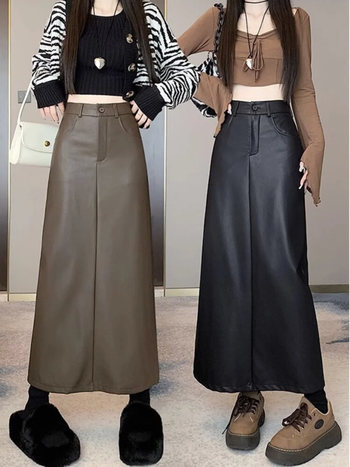 ارتفاع الخصر ألف خط تنورة بولي Leather جلد المرأة الخريف Faion التخسيس منتصف طول انقسام التنانير الكورية Sle تخفيف #5