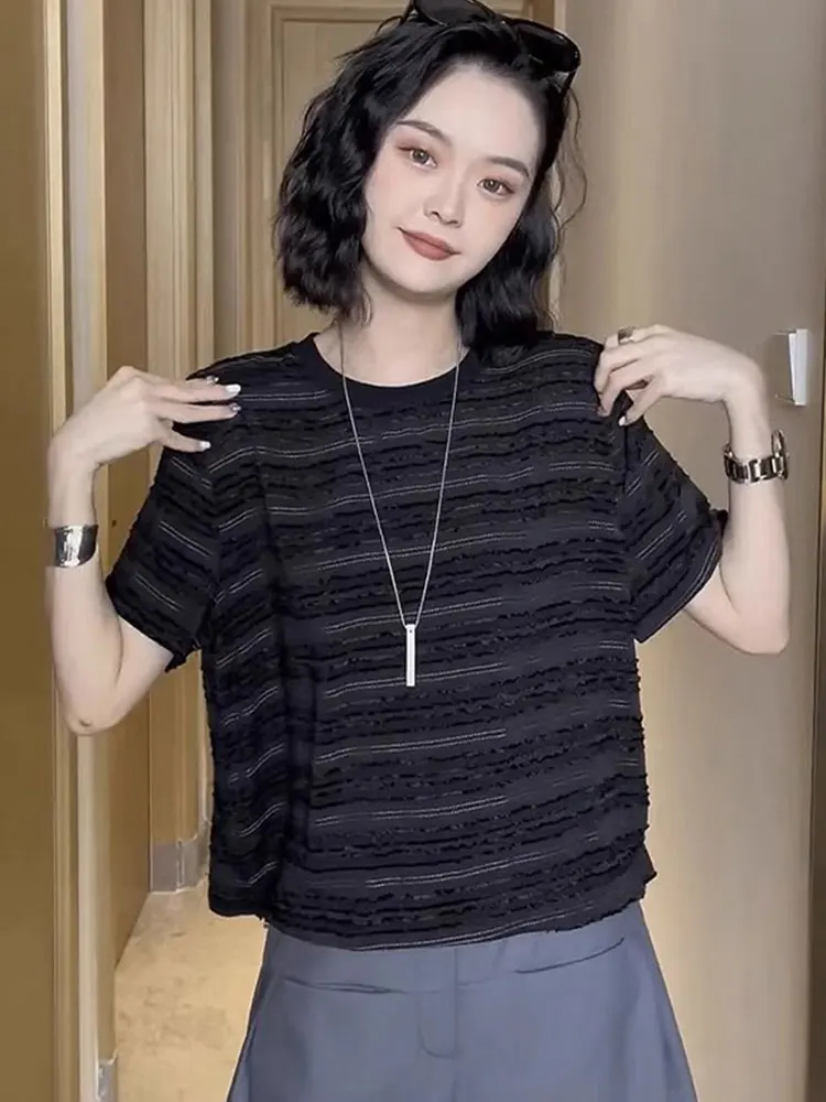 Loose Striped Base irt Pure Cotton ort Sve round Ne Design Casual Versatile Summer Top for Young Women Commute Sle