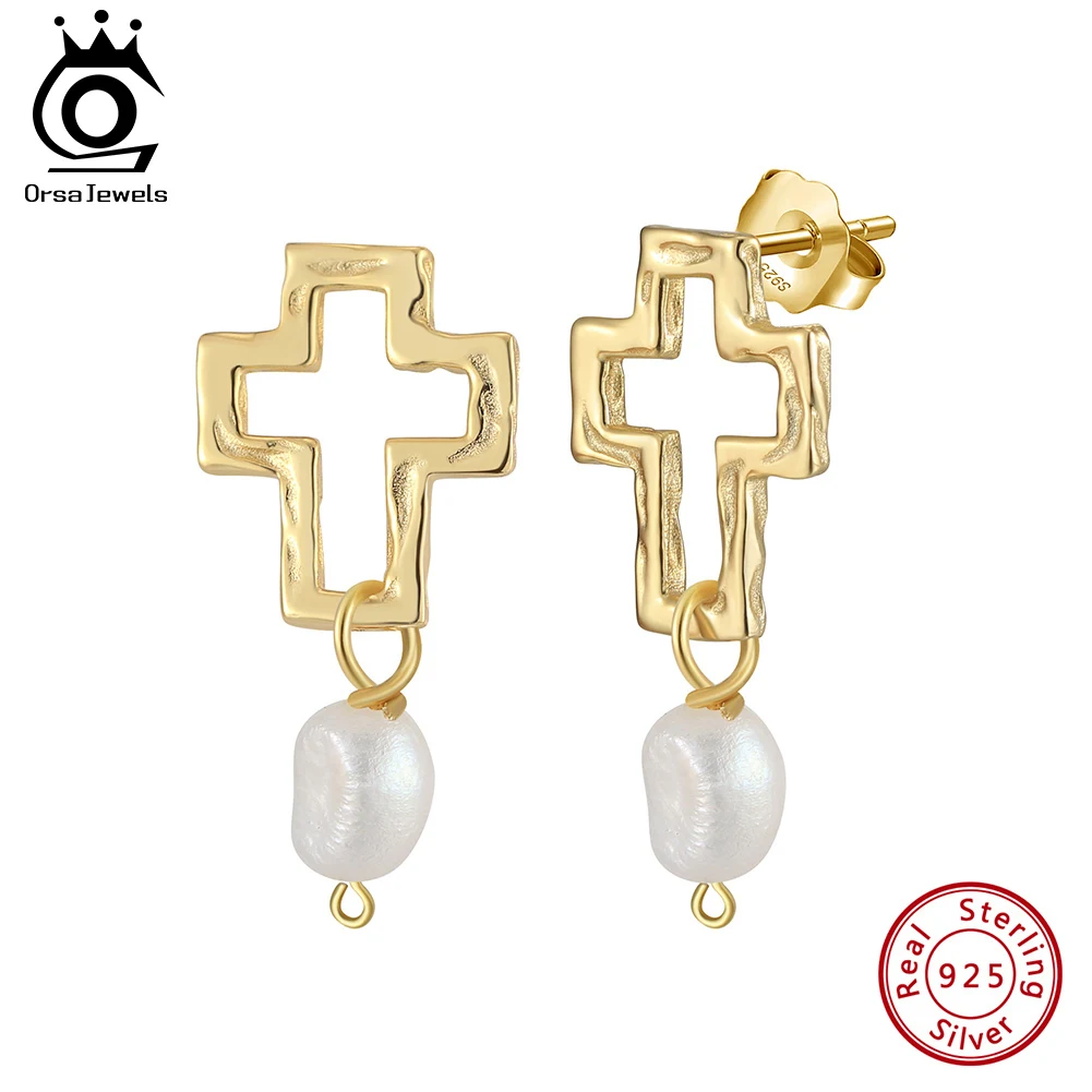 

ORSA JEWELS Elegant Cross Shaped Pendant Earrings Piercing with Natural Pearls Pendnt 925 Sterling Silver Women Jewelry GPE106