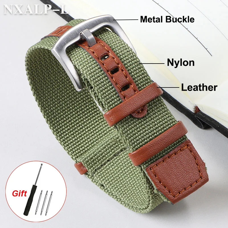 20mm 22mm Nylon Patch Leather Strap Green Brown Canvas Bracelet Men\'s Military Sport Watchband for Rolex for Seiko Wristband