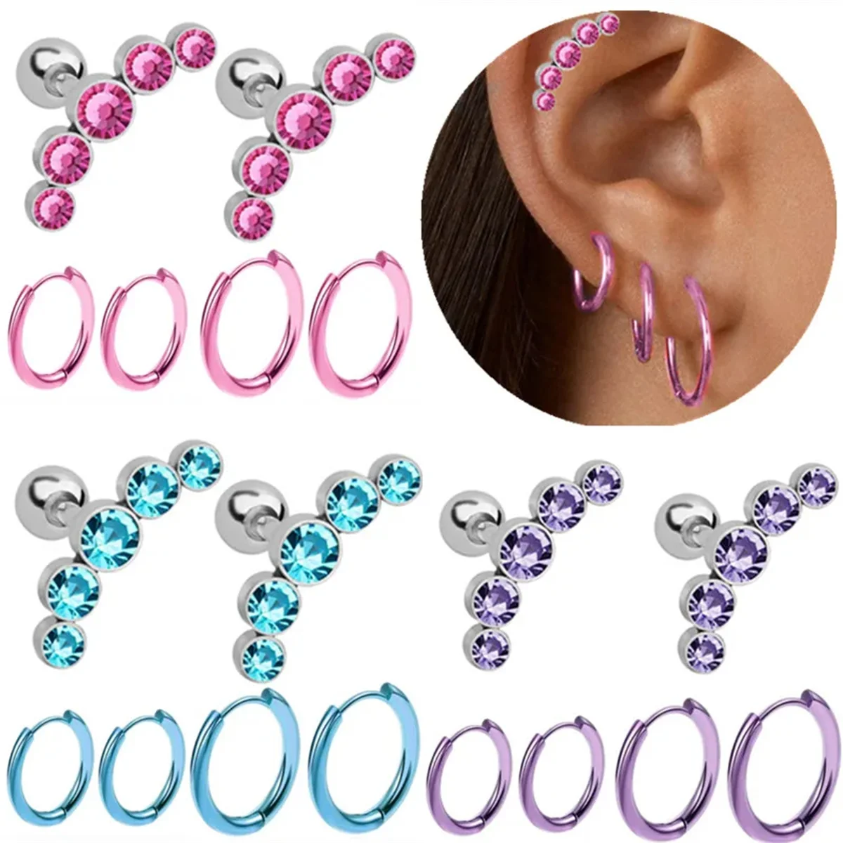 6pcs Fashion Novelty Stainless Steel Cyrstal Tragus Stud Earrings Set,Helix Cartilage Huggie Hoops Circle Ear Piercing Jewelry