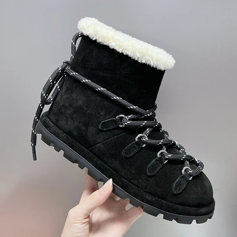 high-quality Women\'s Boots 2024 new cowhide suede snow boots all made of real wool flat bottom winter warm women\'s shoes