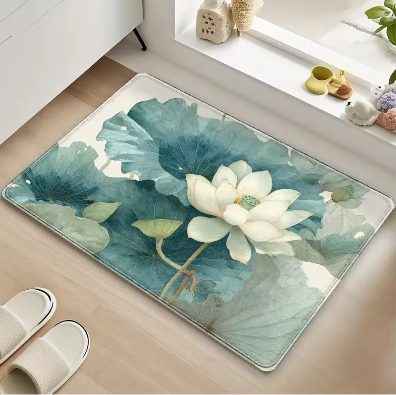 Künstlerische Matte mit Lotus-Motiv für ästhetisches Zuhause, Innenbereich, Eingangsbereich, Badezimmer, Wohnzimmer, rutschfest, saugfähig, langlebig, leicht zu reinigen, Dekormatte