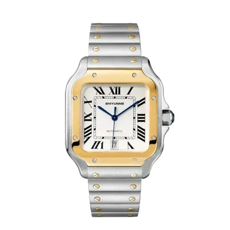 ساعة رياضية ميكانيكية من الفولاذ المقاوم للصدأ مربعة بمينا روماني جلد أسود عالي الجودة ساعة أوتوماتيكية للرجال متجر WATCH1