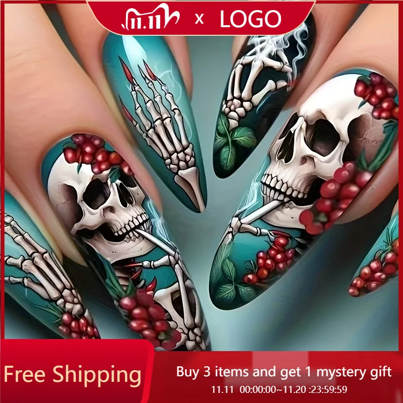 

24pcs/1box Fake Nails Almond Halloween Style Spooky Blue Stygian Bones Skulls Pressable Nails Suitable for girls and girls