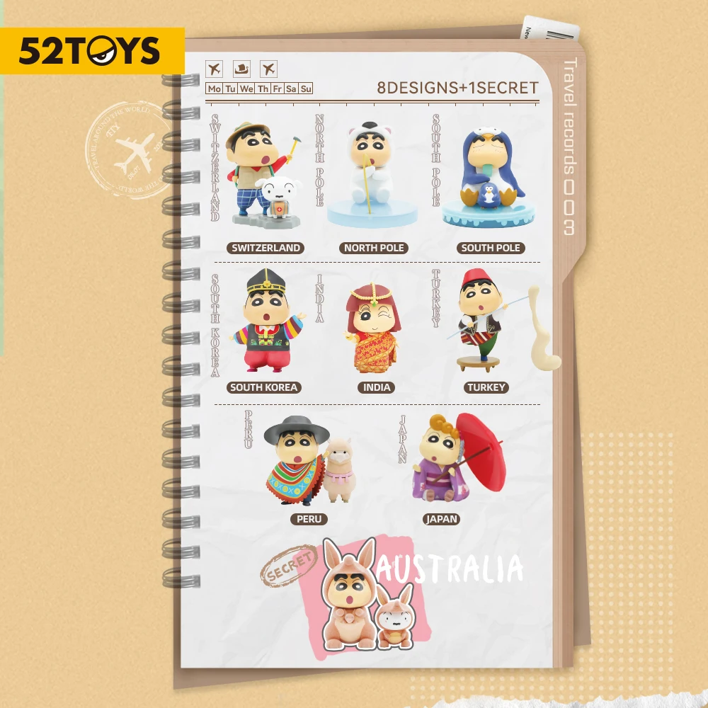 52TOYS Blind Box Crayon Shinchan Travel around the World Series 3, Mystery Box, Action Figure Collectible Toy Desktop Decoration