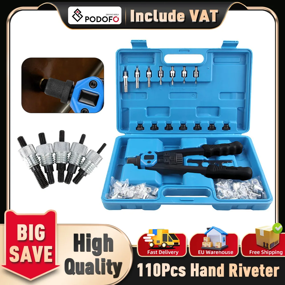 Podofo – pistolet à écrou à rivets manuel professionnel, Kit d'outils robustes avec 110 écrous à rivets, mandrins métriques de 7 tailles de M3 à M12