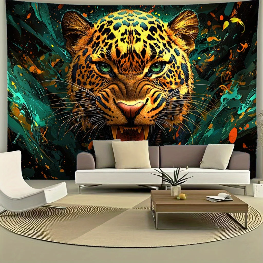 Vibrant Sacred Jaguar Tapestry with Green Eyes and Golden Fur Detailed Animal Print Wall Art for Living Room Bedroom Decor