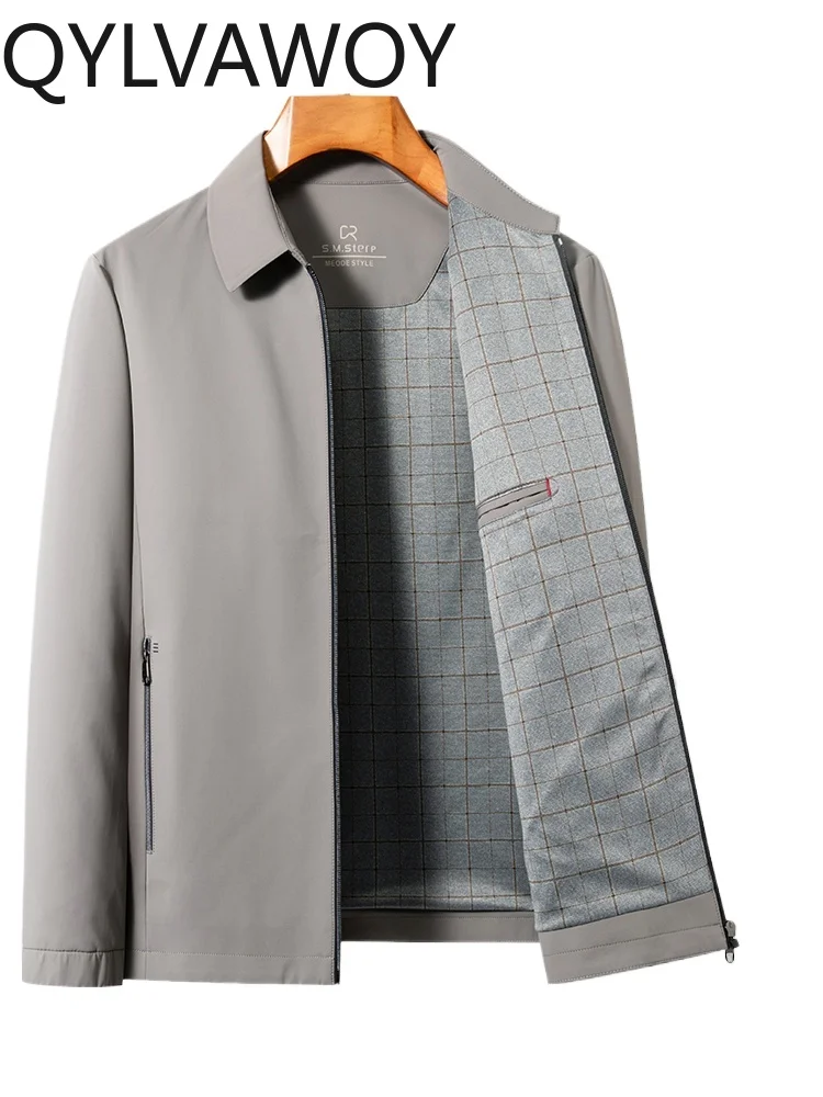 

QYLVAWOY Spring and Autumn Jacket Middle-aged and Elderly Dad Business Casual Lapel Administrative Civil Servant Jacket LJ2517