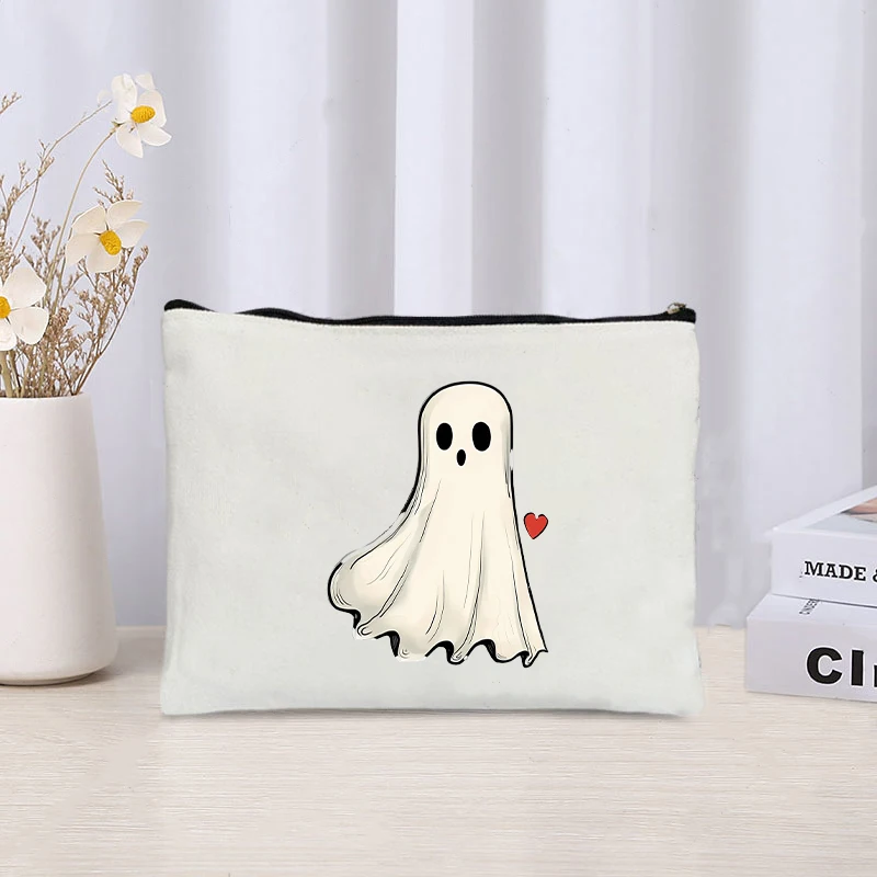 Cartoon Ghost with Red Heart Floating Printed Canvas Bag Organizer Zipper Storage Pouch Cosmetic Bag Pencil Case Halloween Gift