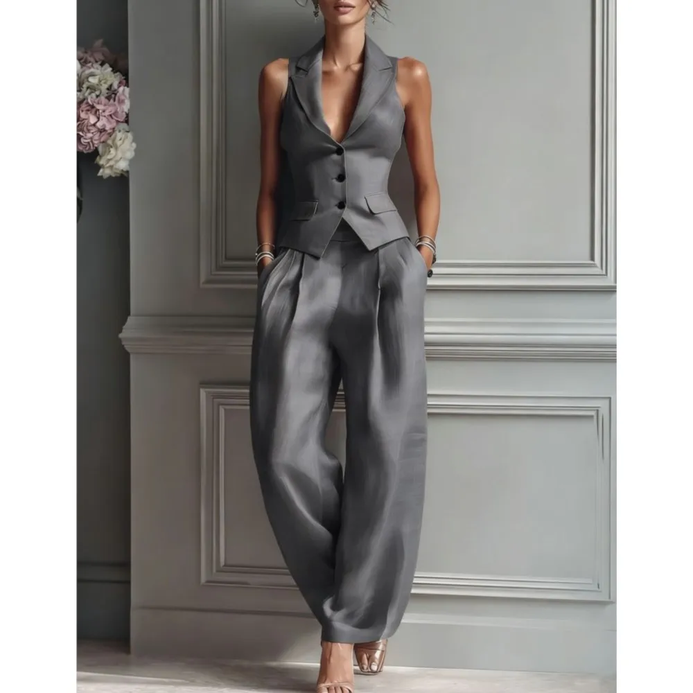 Summer New Fashion Single-breasted Sleeveless Top + Trousers 2-piece Set Women's 2026 Slim Vest Suit Collar Trousers Office Suit - Image 5