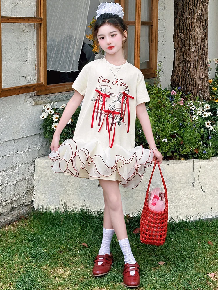 Filles décontracté été à la mode T-shirt à volants bulle jupe Faionable coton ort Sve rond Ne dessin animé imprimé Dr