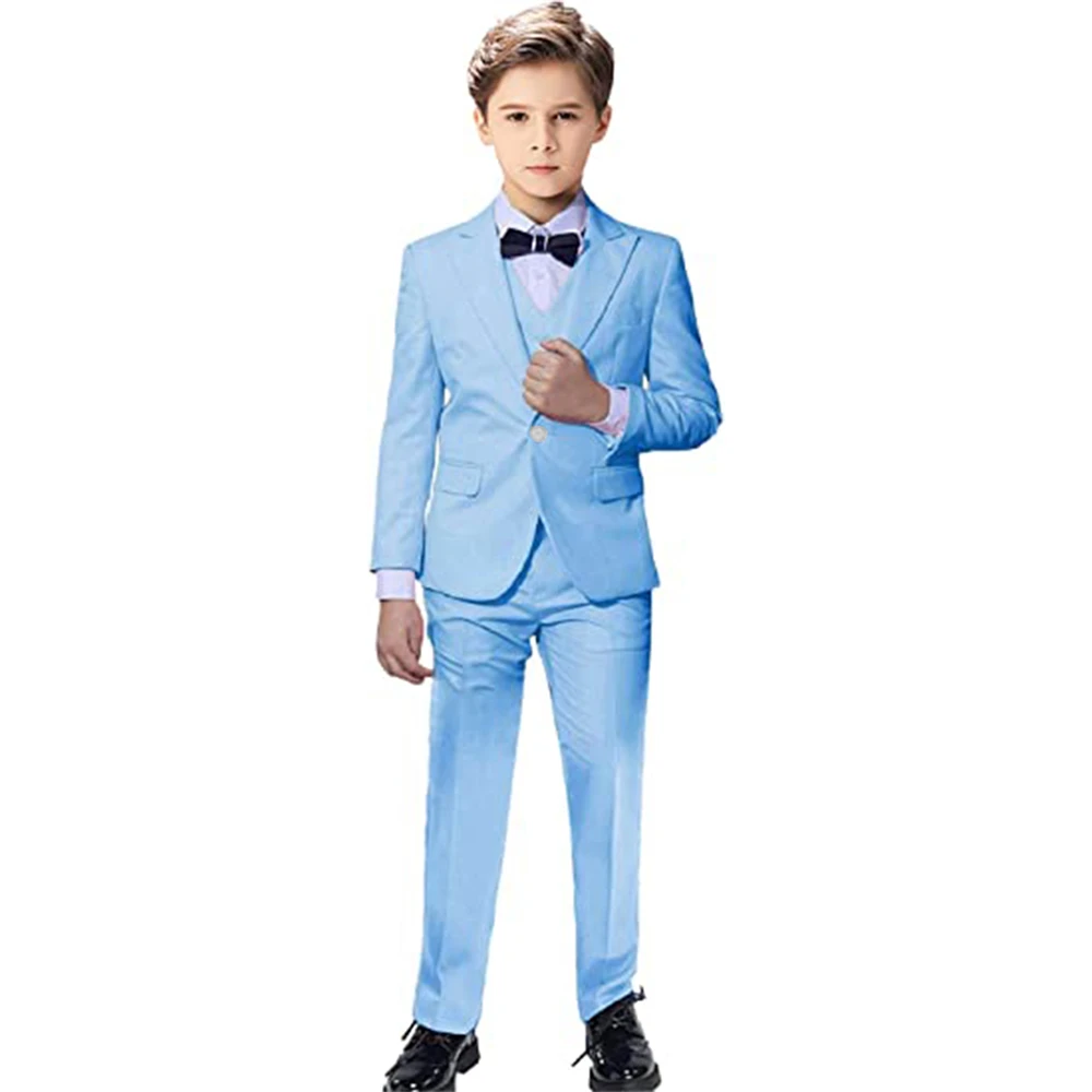 

Elegant Blue Suit for Boy Wedding Dresses Casual Boys Suit 3 Pieces Set with Peak Lapel Fitted Blazer Vest Pants Casual Tuxedos