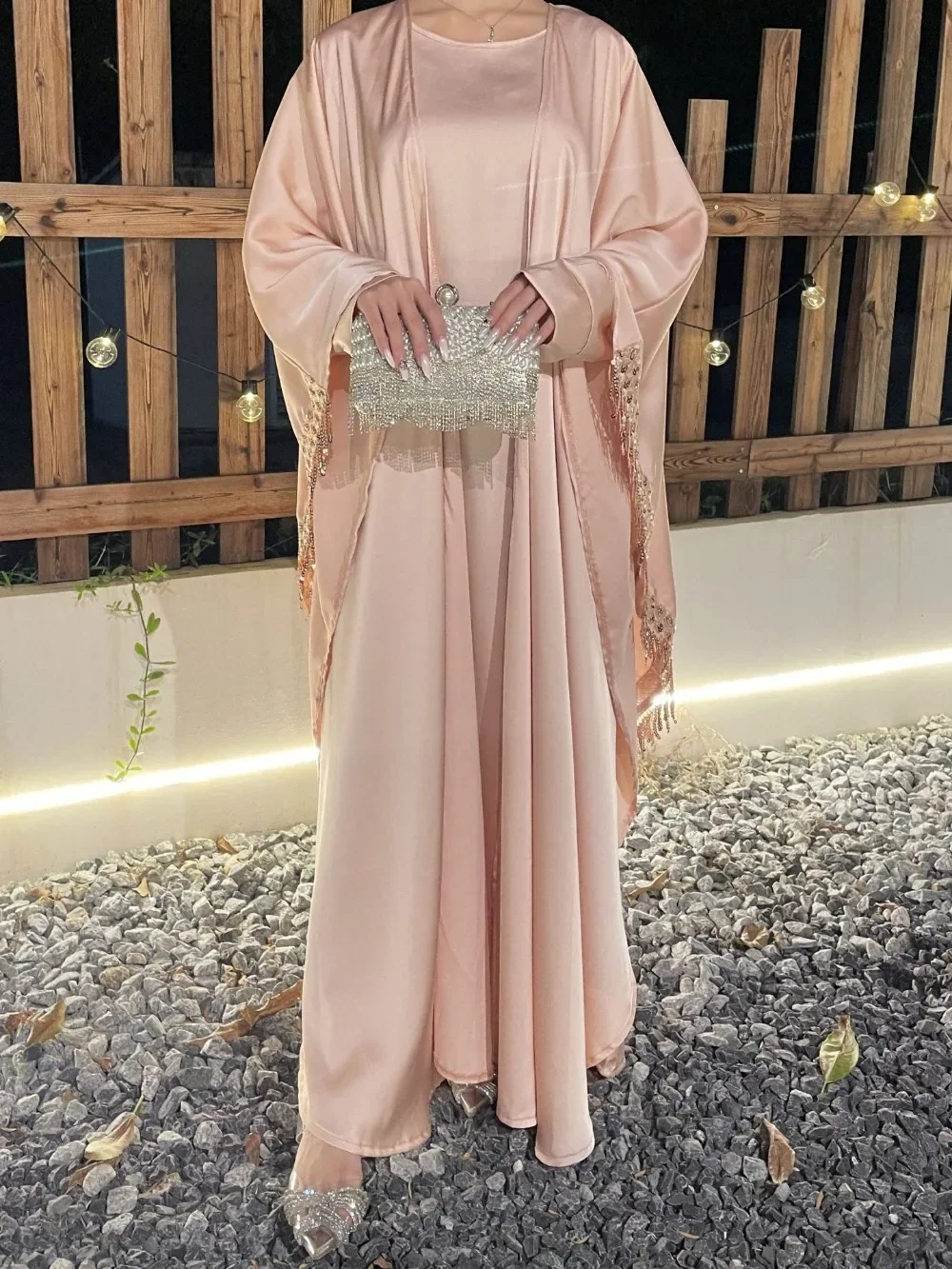 Vestido Abaya musulmán para mujer, conjunto de 2 piezas con borlas Jalabiya Eid Ramadán Abayas Marruecos, cárdigan de fiesta, caftán de Dubái, Vestidos árabes