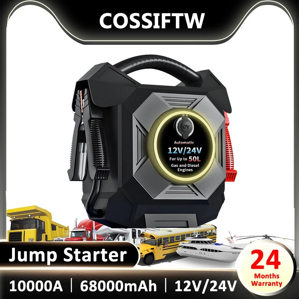 COSSIFTW 12V/24V Heavy Duty Jump Starter Battery Booster Electric Devices for Cars Power Bank 68000mAh Up to 50.0L Gas Diesel