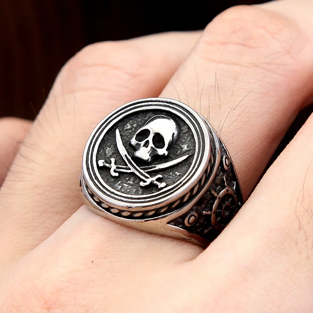 Fashion Vintage Punk Pirate Skull Ring Stainless Steel Double Knife Ring For Men Unique Biker Jewelry Gifts Dropshipping