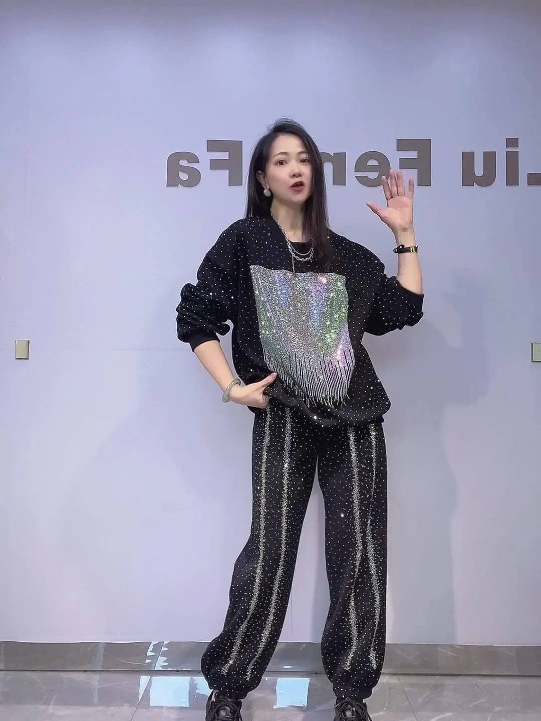 

Women's Loose Outdoor Casual Sports Set Autumn Winter Print Patchwork Rhinestone Long Sleeve Sweatshirt Two-Piece Set