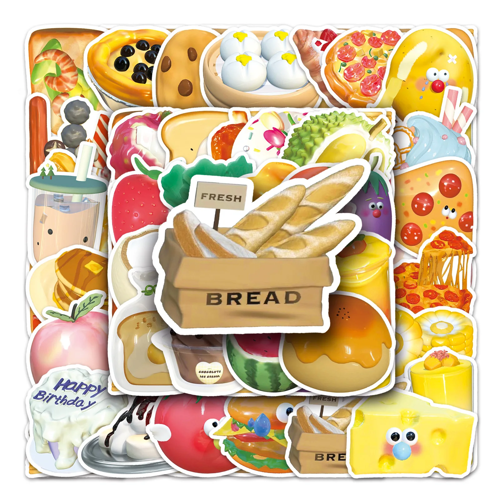 10/30/50PCS Funny 3D Style Food Stickers Cartoon Decoration DIY Phone Suitcase Fridge Notebook Cute Sticker Decals Classic Toy