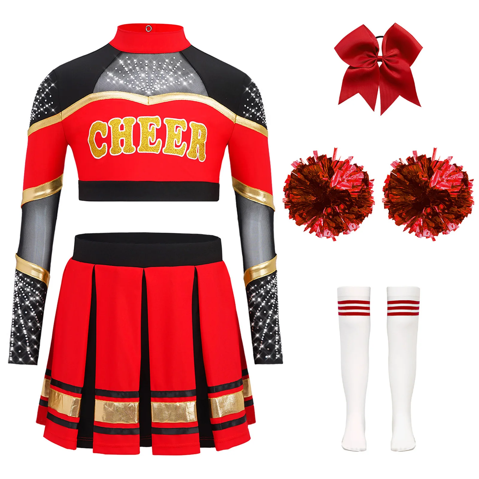 Kids Cheerleading Uniform Dress With Flower Balls Sets Children Cheering Team Dance OutfitsGirls Cheerleader Costumes Dancewear