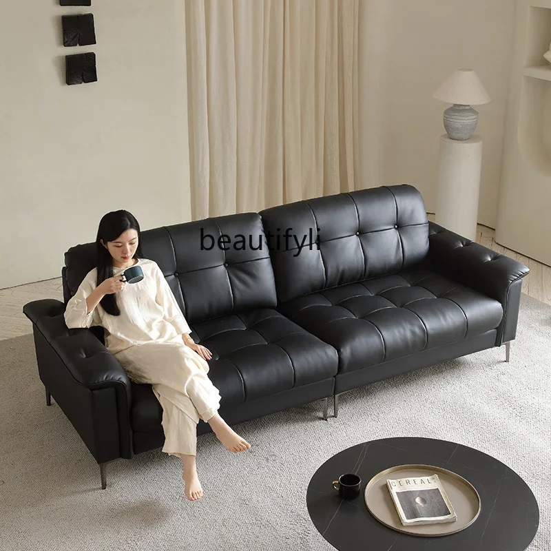 

Simple modern retro leather sofa nebula down black, straight row living room simple antique oil wax leather