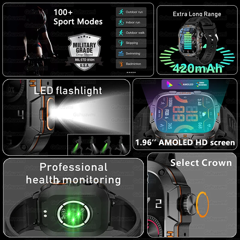 Per Xiaomi Sport Astuto Della Vigilanza Degli Uomini 1.96 "AMOLED Schermo GPS Tracker Torcia A LED 420mAh Batteria Impermeabile Bluetooth Chiamata Orologio