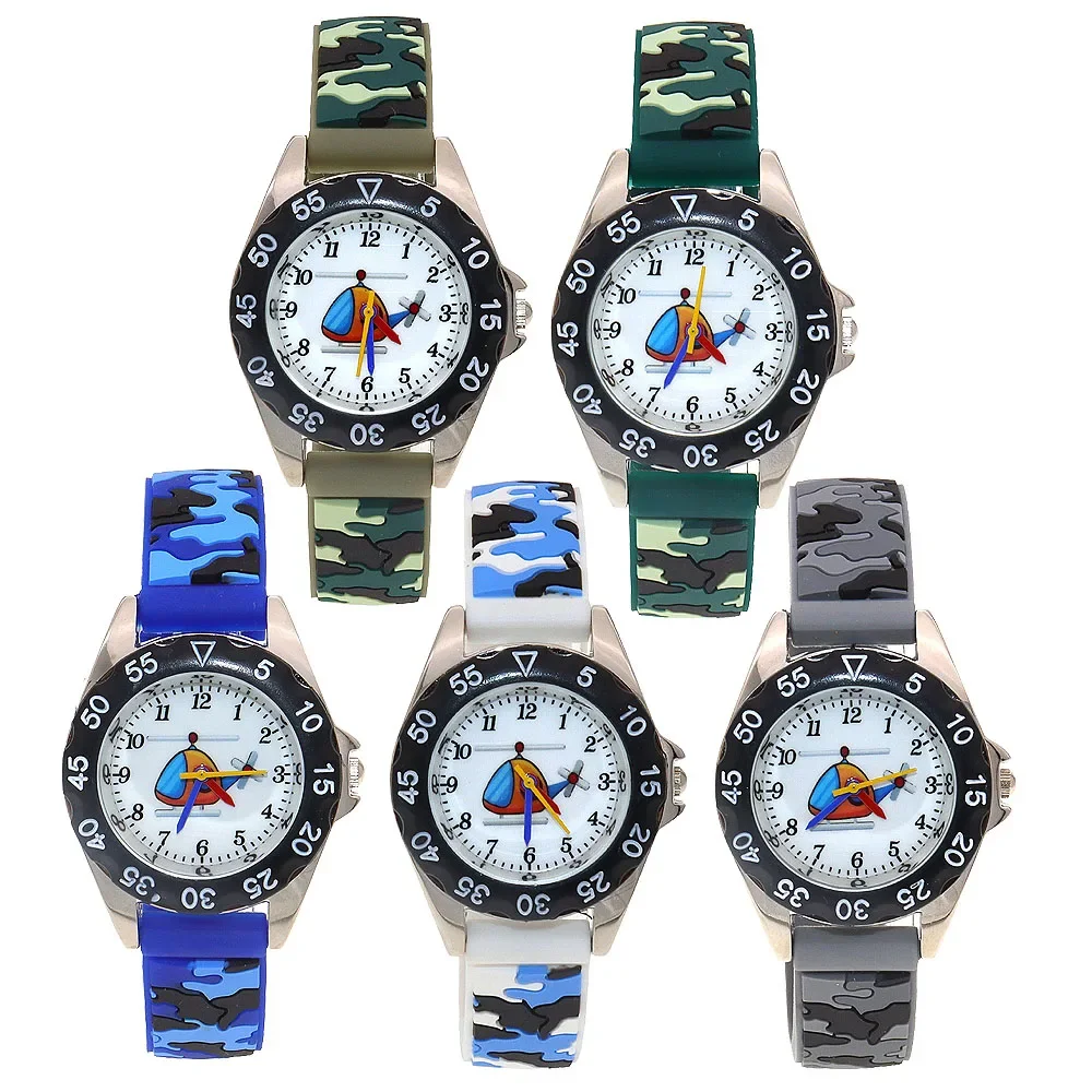 5Pcs Cartoon Quartz Watches for Boys and Girls Camouflage Silicone Strap Digital Wristwatch Children's Gift Students