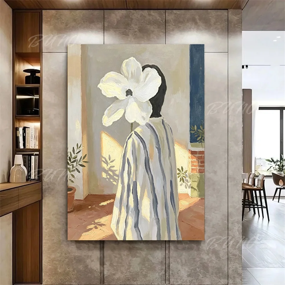 100% Hand-painted Abstract Oil Painting Original Mid-century Flower Head Lady Wall Art For Home Living Room Bedroom Decor