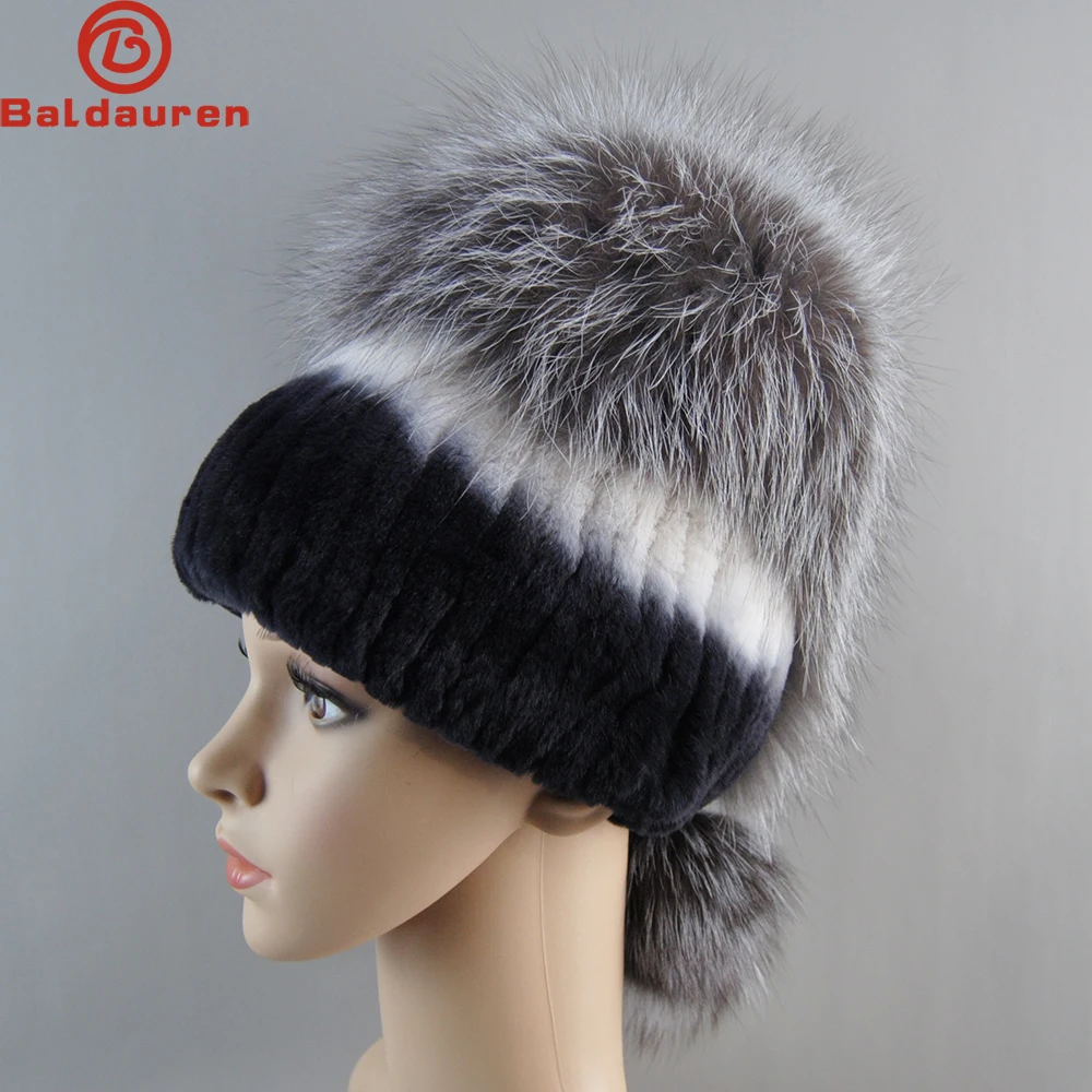 

Russia New Style Women Real Genuine Fox Fur Beanies Hat Girls Natural Real Rex Rabbit Fur Skullies Cap Knit Winter Real Fur Hats