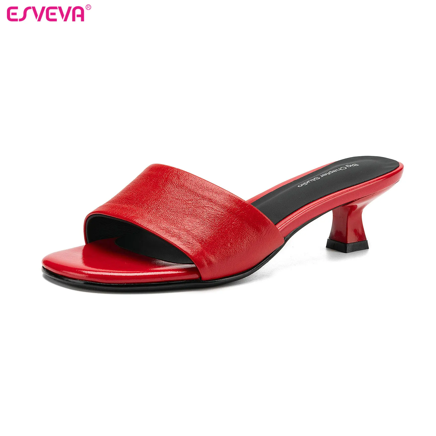 ESVEVA Fashion Women Summer Sandals Shoes Cow Leather Mid Heels Slippers Pointed Toe Slingback Pumps Shoes Dress Party 34-40