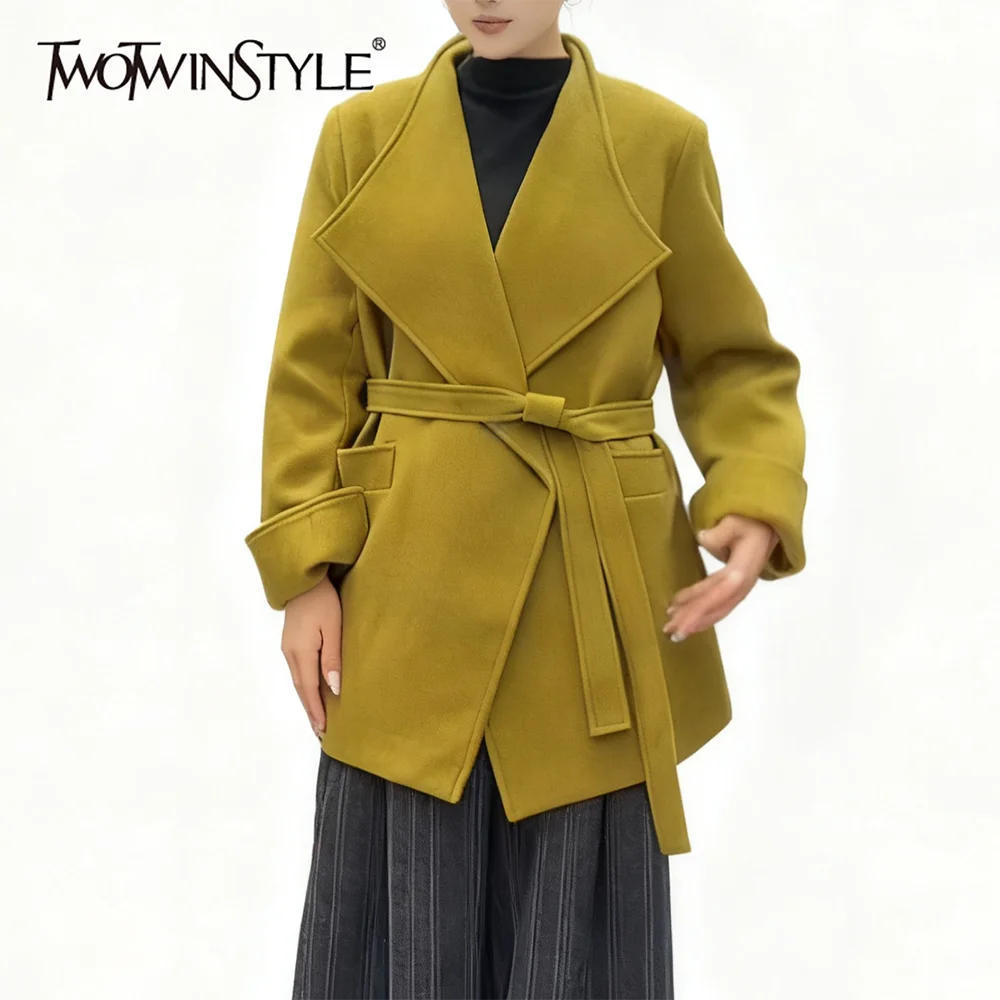 

TWOTWINSTYLE однотонная базовая шерстяная куртка с повязками, женская свободная повседневная куртка с лацканами и длинными рукавами, осенняя мода