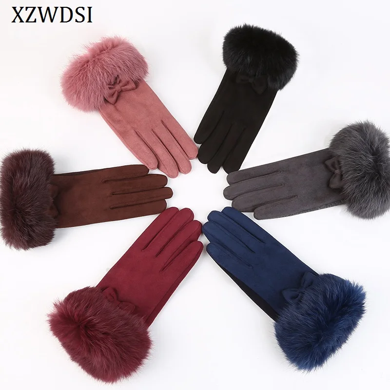

2025 Новые зимние теплые перчатки из полиэстера/вискозы для взрослых с перчатками с отделкой из натурального кроличьего меха и сенсорным экраном
