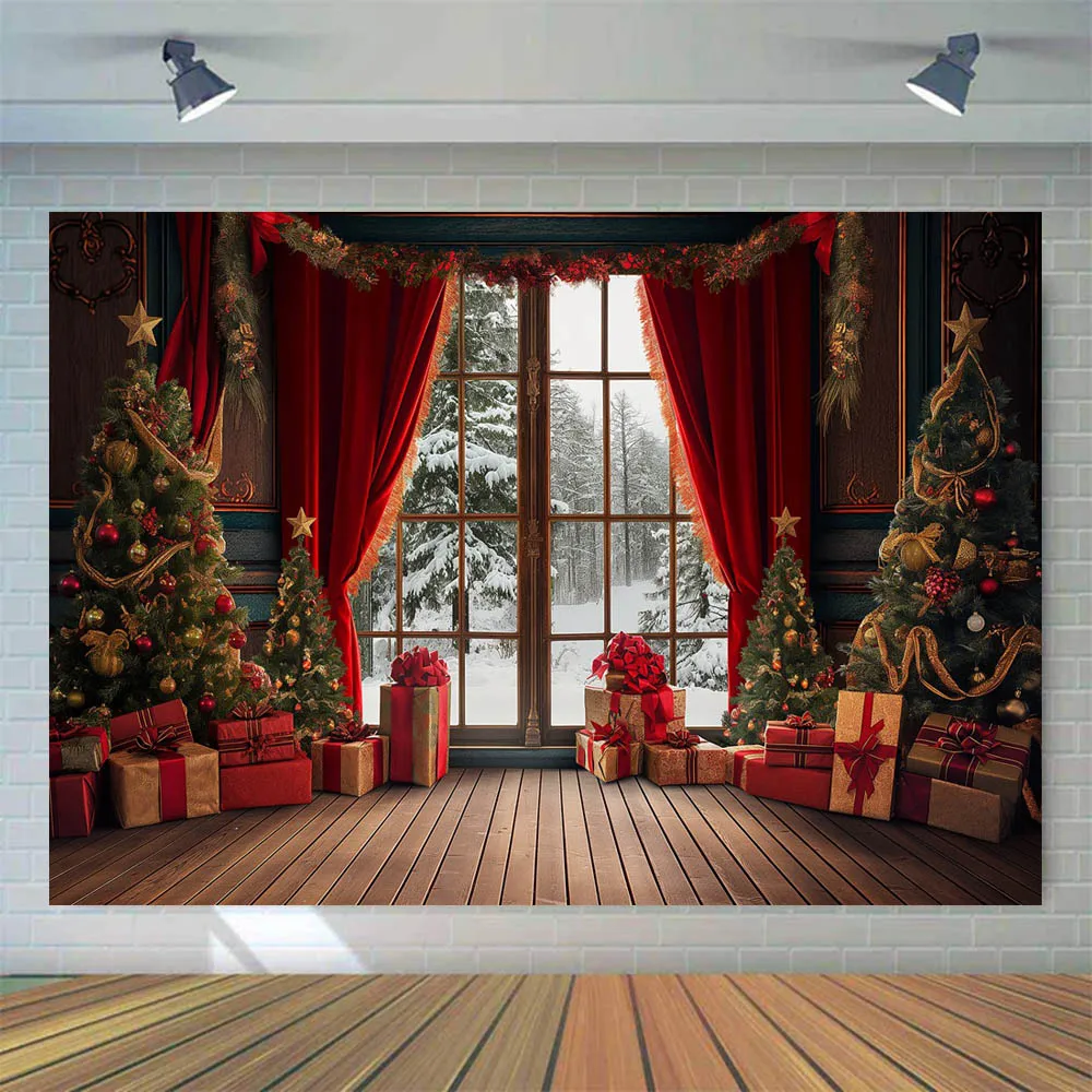 Mocsicka Christmas Backdrop Indoor Red Curtain Window Snow Scene Xmas Tree Wooden Floor Children Photo Background Shooting Props