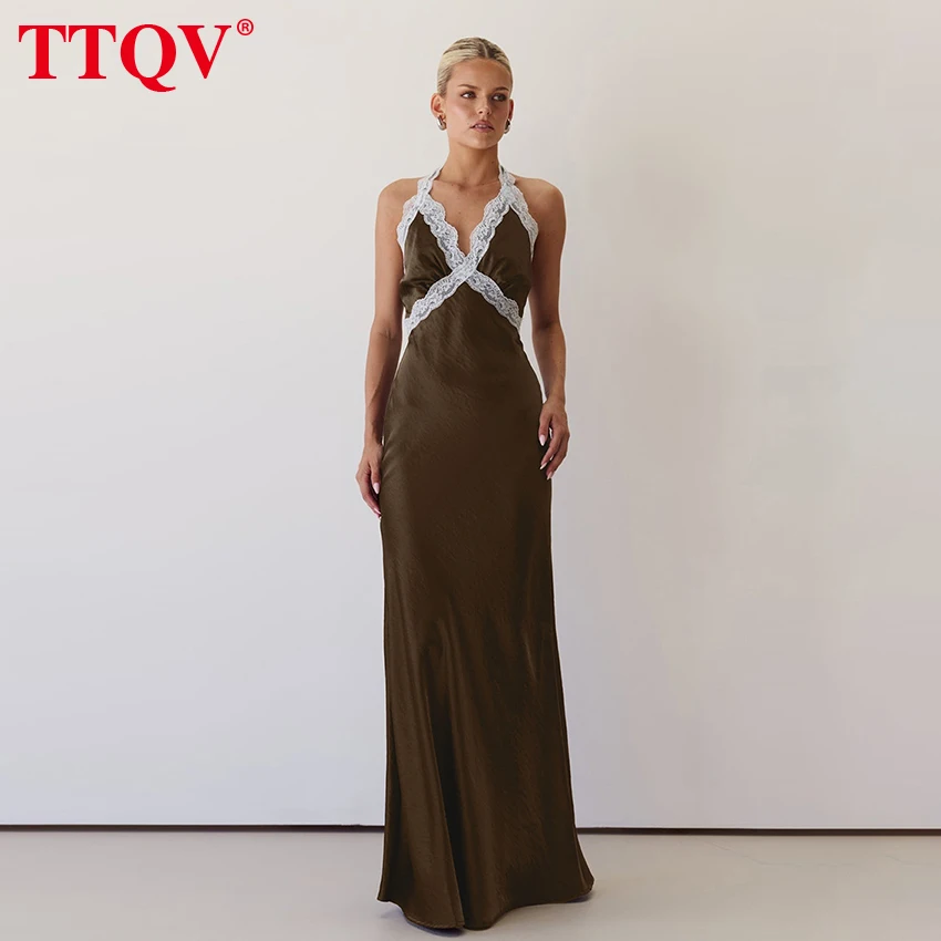

TTQV Sexy Loose Brown Satin Women's Dress 2026 Summer Halter Sleeveless Maxi Dresses Elegant Classic Lace Spliced Female Dress