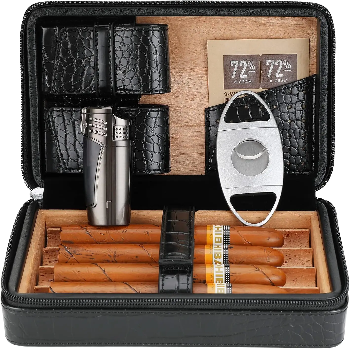 

Portable Leather Cigar Humidor with Lighter and Cutter, Black Crocodile Pattern Cedar Wood Travel Case