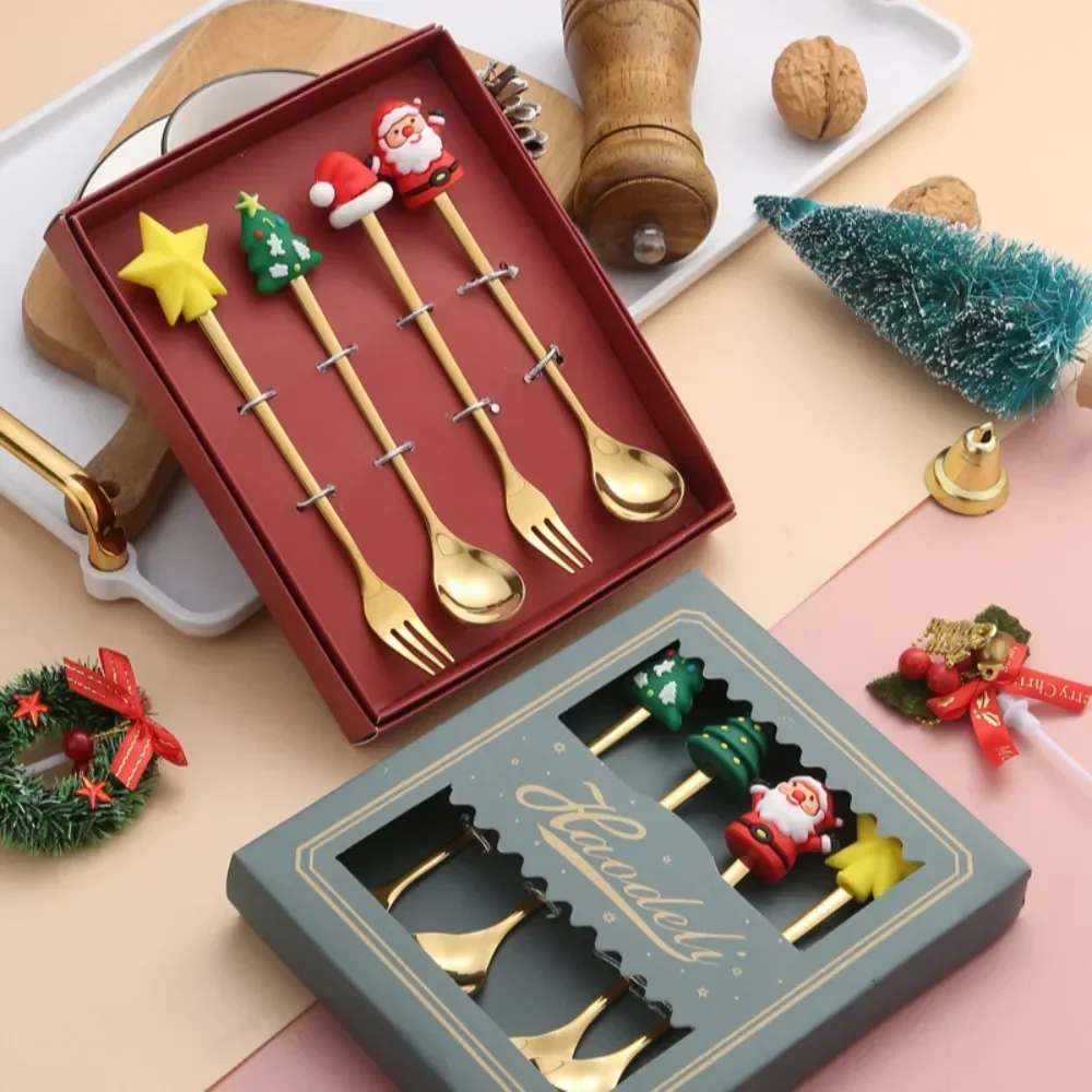 4PCS Christmas Gift Glod Silver Spoon Fork Set Elk Christmas Tree Decoration Dessert Scoop Fruit Fork Coffee Spoon Cutlery Set