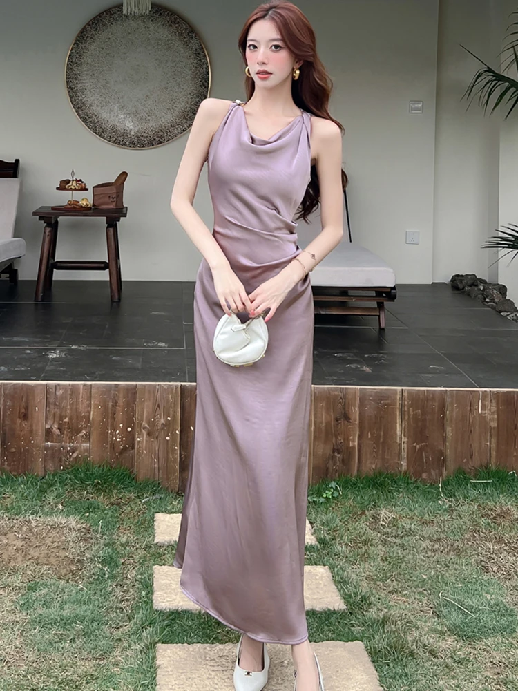 

Women Purple Satin Pleated Bodycon Maxi Dress Summer Elegant Swinging Collar Sling Dress 2026 New Korean Casual Holiday Dresses