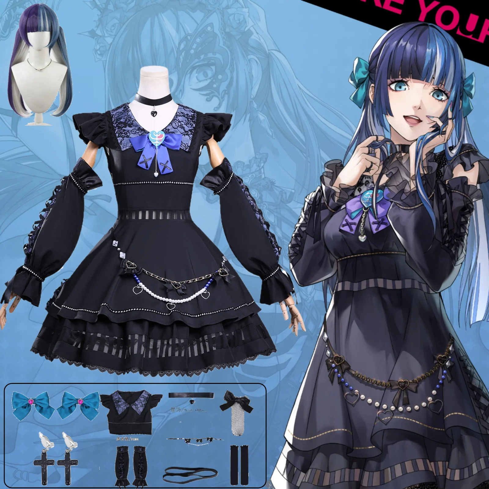 Disfraz de Cosplay de Persona 5 The Phantom X Shikano Berry, Vestido Gótico Lolita Azul y Negro, Peluca, Collar, Conjunto Completo de Anime