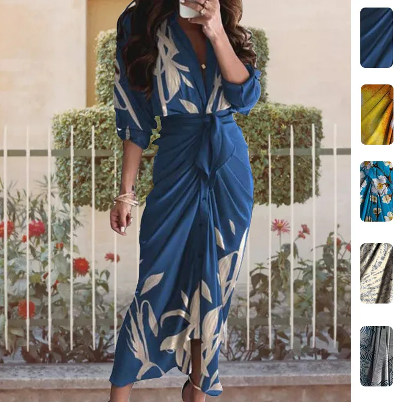 

FL 2026 Spring New Women Dress Elegant Sexy Printed V Neck Tie High Waist Long Maxi Dress Soft Light Breathable Chic Daily Party