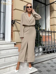 Clacive Fashion Loose Khaki Office 2 Piece Sets Women Outfit 2025 Elegant Long Sleeve Crop Top With High Waist Slit Skirt Set