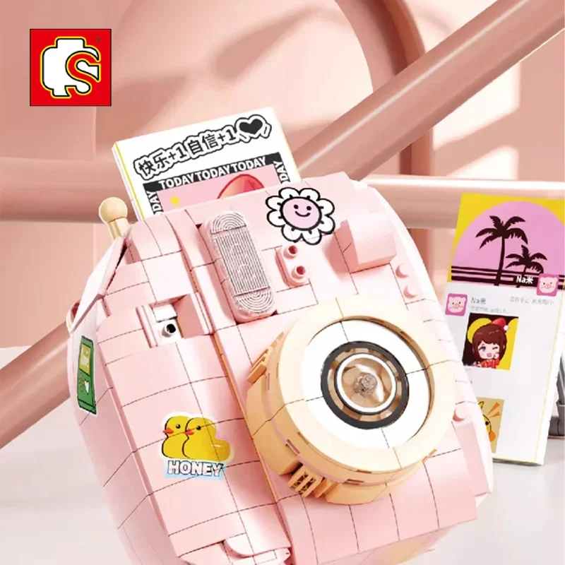 SEMBO Originality Retro Style Kawaii Camera Building Blocks Sweet Pink Cartoon Polaroid High Reduction Girls Birthday Gift Toys